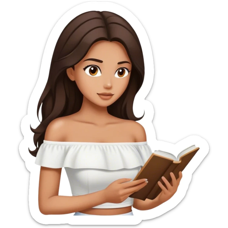 Beautiful woman in 1950’s woman fashion look, off-shoulder white shirts crop top, long dark brown hair, reading sticker