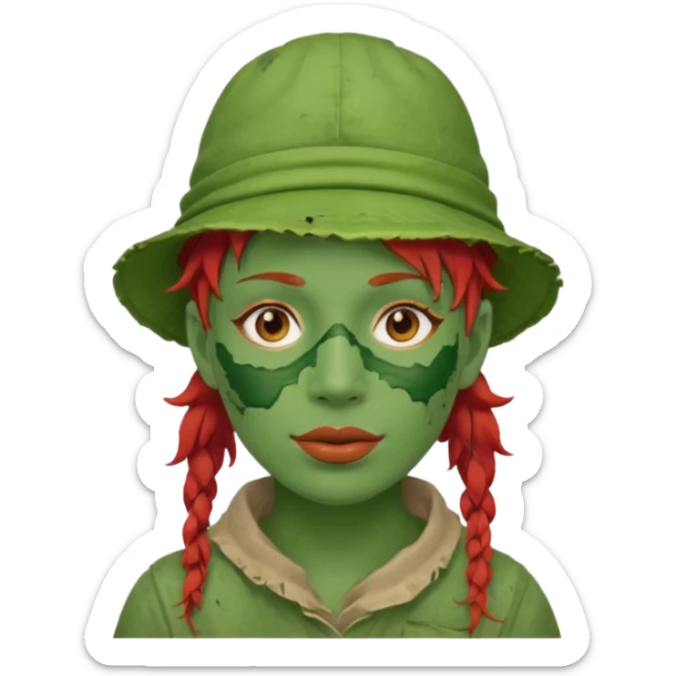messy green full face green clay mask and tourist hat red hair  sticker
