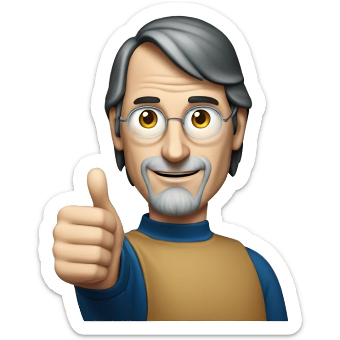 Steve Jobs, wearing a dark blue t-shirt, with his hand raised giving a thumbs up, Steve Jobs with rich details sticker
