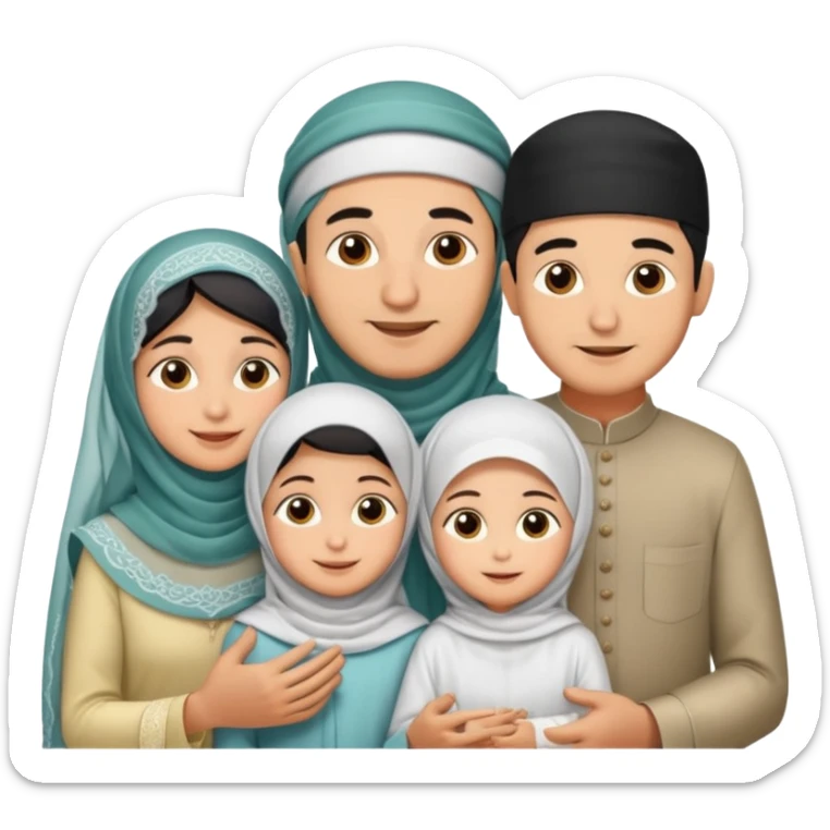 Lebaran. Keluarga terdiri dari Ayah dan ibu, 3 orang anak yang terdiri dari dua anak laki-laki dan seorang anak perempuan yang merupakan anak terkecil. Ibunya menggunakan cadar. sticker