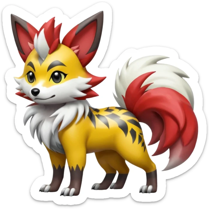 Gren-Yellow-Mango-Gradients-colored Lycanroc-Furret-Zorua-Poochyena-fusion, full body, with black and white edgy markings patterns sticker