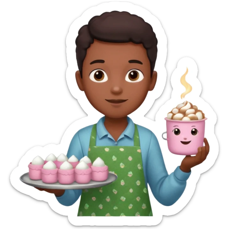 A young black vendor boy with pink cheeks, holding a tray of marshmallow-topped cocoa wearign green patterned apron sticker