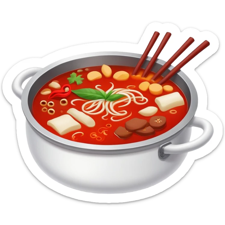 Chongqing hotpot with red spicy broth and ingredients, simplified emoji style with bold outlines and bright colors, cartoon style Chinese hot pot sticker