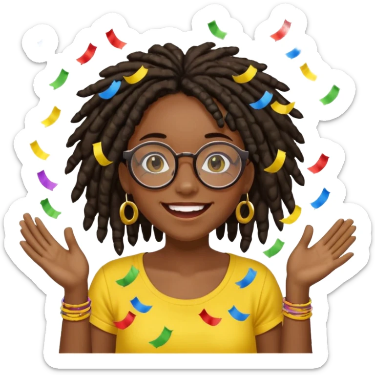 darker skin female with dark dreadlock hair wearing large round glasses and a yellow top celebrating with confetti sticker