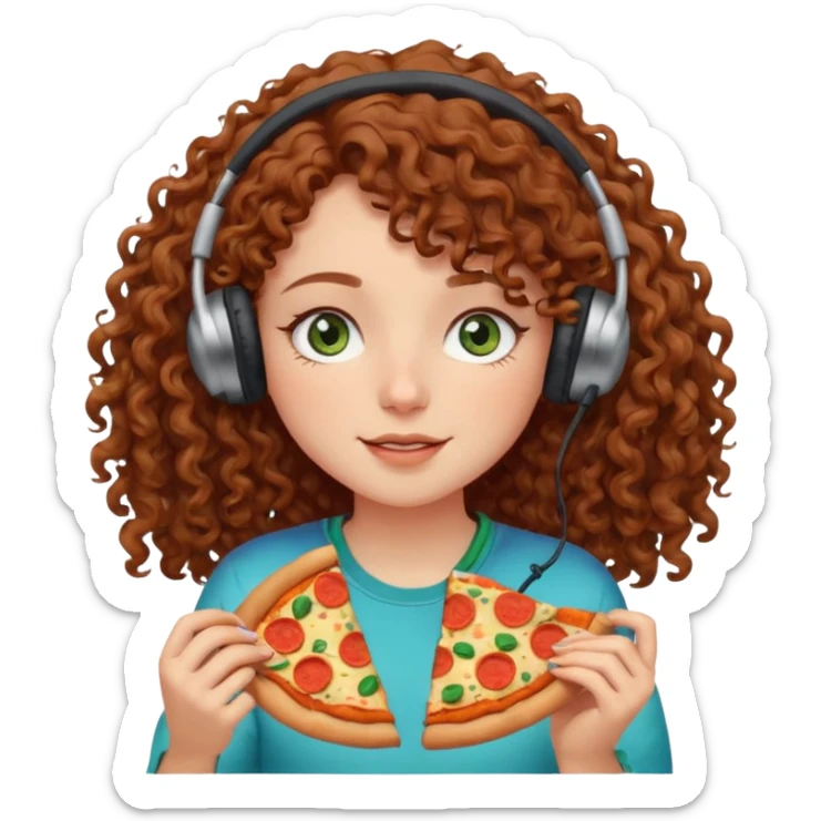 Brown curly hair girl blue green eyes painting sleeping eating dancing listening to misic sticker