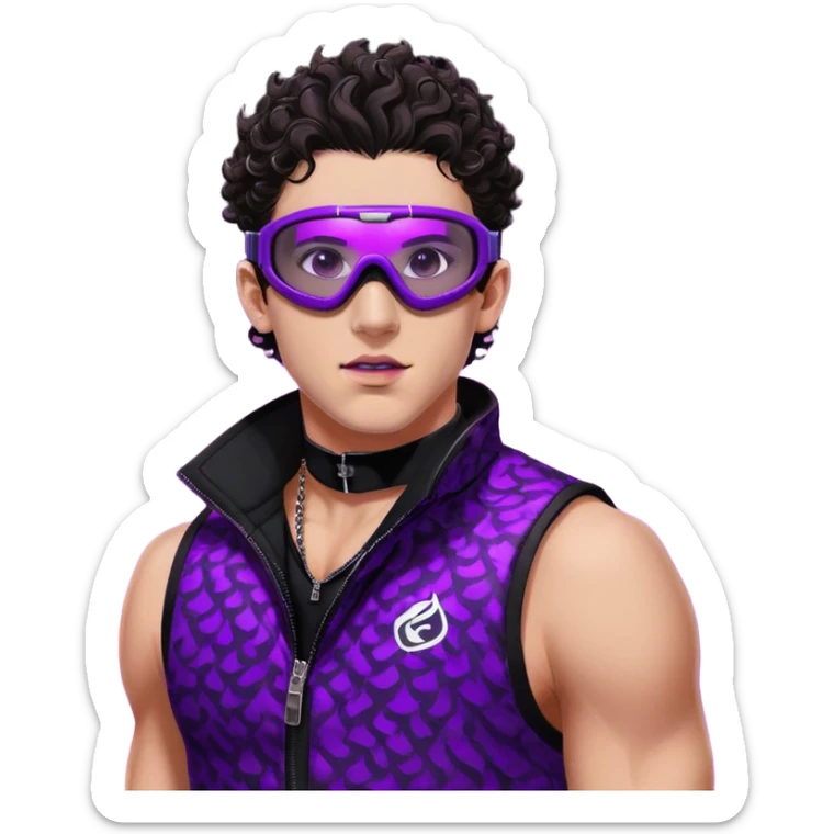 close-up of bad guy male athlete with white skin and moderately curly dark brown hair on top with shaved sides, wearing ski goggles with purple frames and very dark black lenses, a simple plain black chain necklace, and a completely unzipped sleeveless vest with purple and black sequin fire pattern design with no logo, with an extremely arrogant expression sticking his tongue out mockingly, looking menacing and villainous sticker