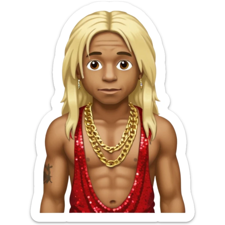 Lil Wayne with long blonde hair, red sequin baggy pants, shirtless with necklace sticker