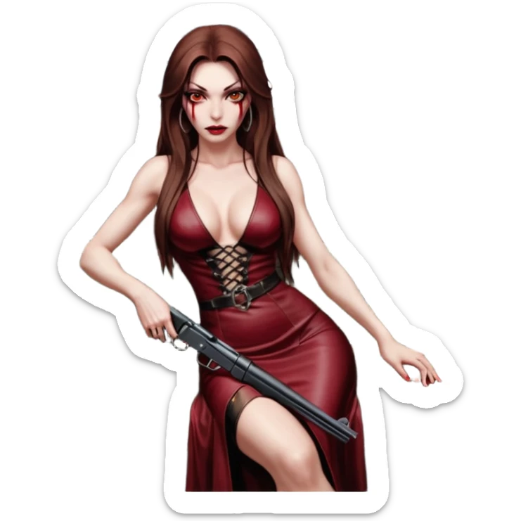 Lilith red eye seductress evil long brown haired sexy succubus woman with leather long dress with slit on, sitting in Big Large F350 pickup truck. Back seat full of stacks of cash, she is  Holding a human skull of her enemies and a gun in other hand sticker