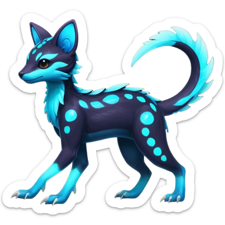 Rare realistic dark-neon glowing bioluminescent edgy badass epic pretty beautiful handsome gorgeous aesthetic colorful vibrant Vernid-Trico-species-Fakemon-creature by LiLaiRa, 4 legs, 1 tail, random markings, (full body) sticker