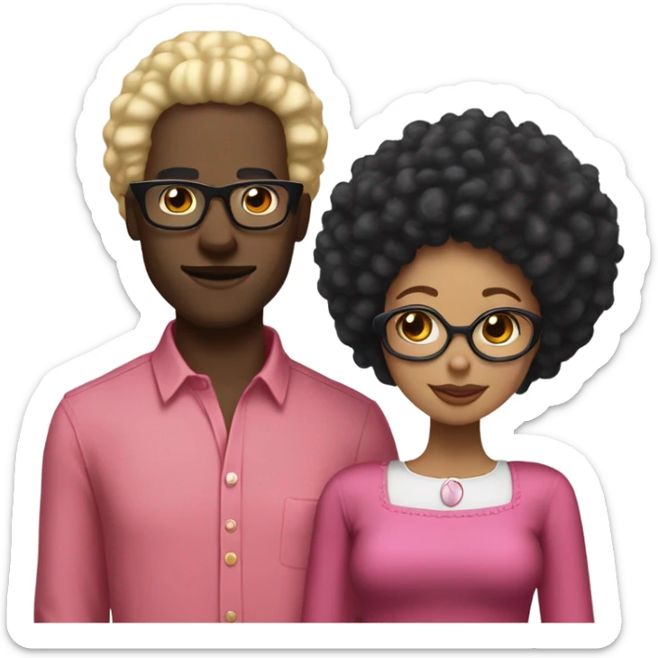 “black man with black afro and glasses and wearing a long sleeved red shirt standing next to a white woman with long blonde hair and wearing a pink dress sticker