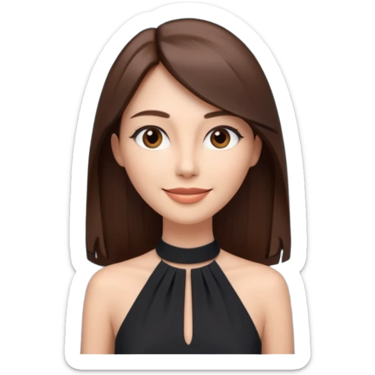emoji-style illustration of a stylish pretty happpy woman with long straight brown hair, wearing a dark halter neck dress, elegant and minimalistic look, front-facing, soft 3D cartoon rendering, plain background sticker