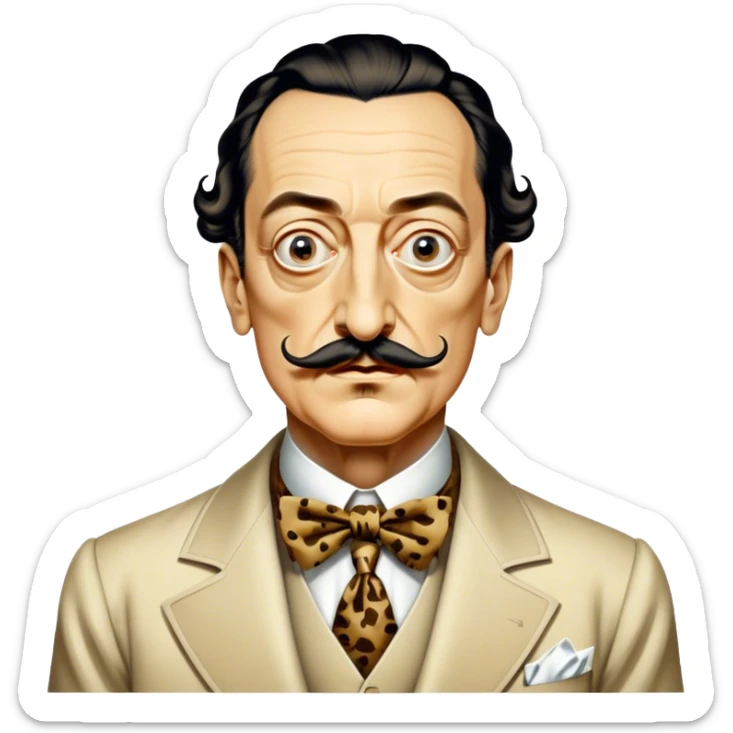 Cinematic Realistic portrait of Salvador Dalí, depicted as a surrealist artist with eccentric, expressive features and his iconic mustache, rendered with vibrant, imaginative lighting and richly detailed period attire that capture his avant-garde essence. sticker