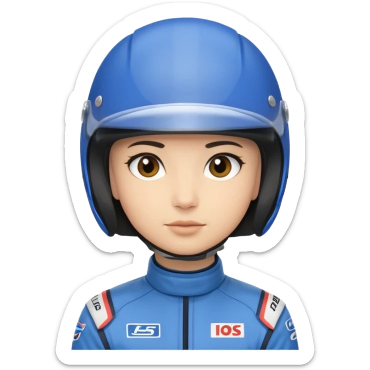 A light-skinned person with short dark hair, wearing a blue racing helmet and an oval face with a neutral look. sticker