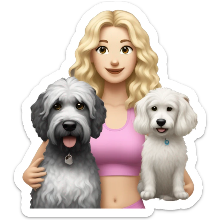 white woman with long blonde hair and cat shaped eyes wearing a yoga outfit standing alongside a black and white colored bernadoodle dog sticker