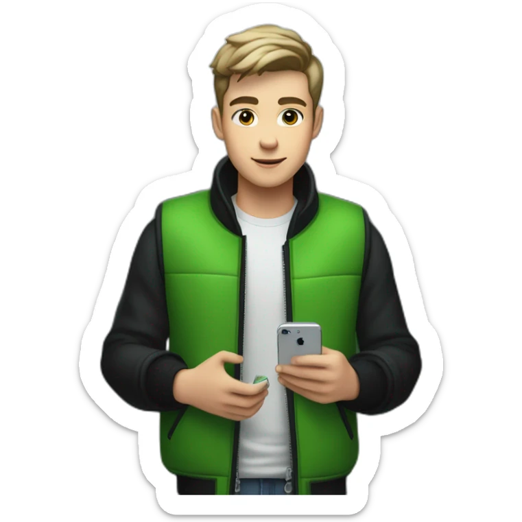 A 20-year-old boy with very short hair in a black jacket and vest stands in a green elevator, holding a white iPhone 14pro in his hand. sticker