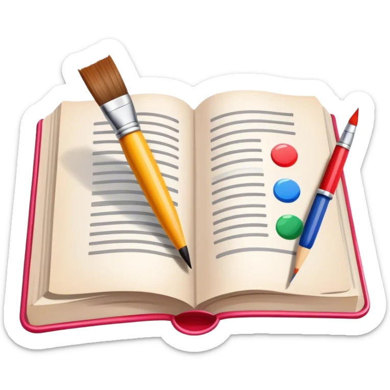 icon for Illustration hobbie, paintbrush and pencil under book's illustrated page, there's a colourful picture on the page, simple lines, minimalistic style, transparent background. sticker