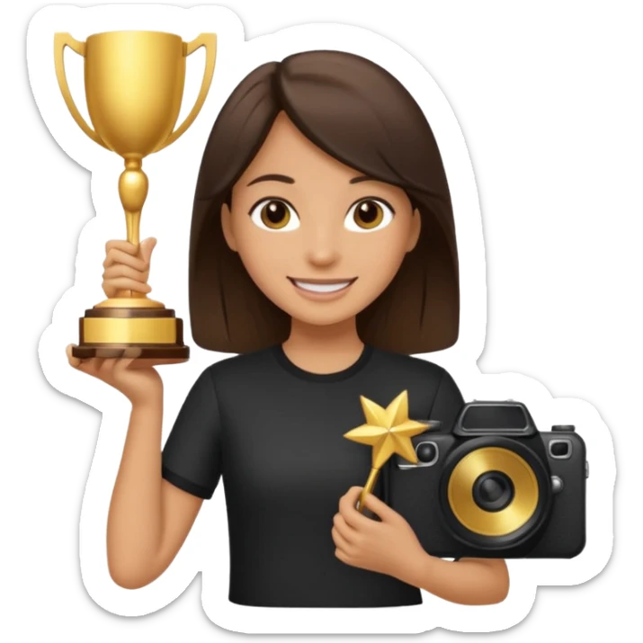 A brunette girl smiling, she’s a proud and successful filmmaker 🍿🌍✨ she’s next to a camera, / holding awards  sticker