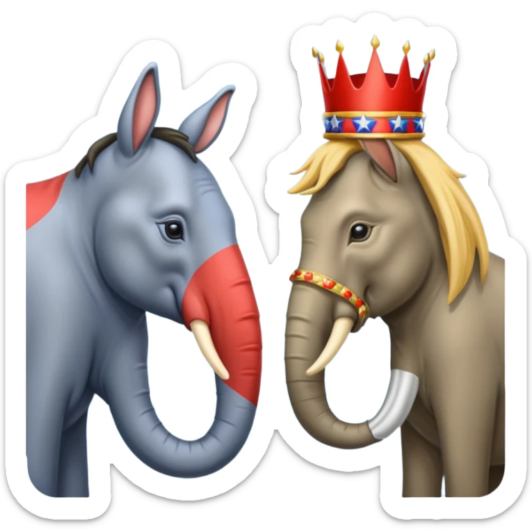 Democratic Party elephant facing Republican Party donkey with King Trump inbetween sticker