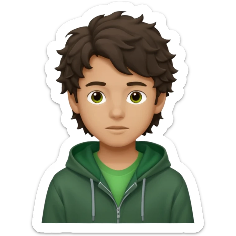 a 14 year old slightly tanned teenage boy with dark brown tousled wavy hair, wearing a green tshirt, with a dark green hoodie overcoat sticker