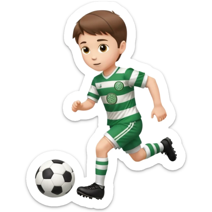 Celtic footballer jersey logo  6 years old brown hair white boy , brown eyes , stripes uniform , RUNNING  with soccer ball # 17 celtic football logo PUT ONLY ONE LOGO sticker