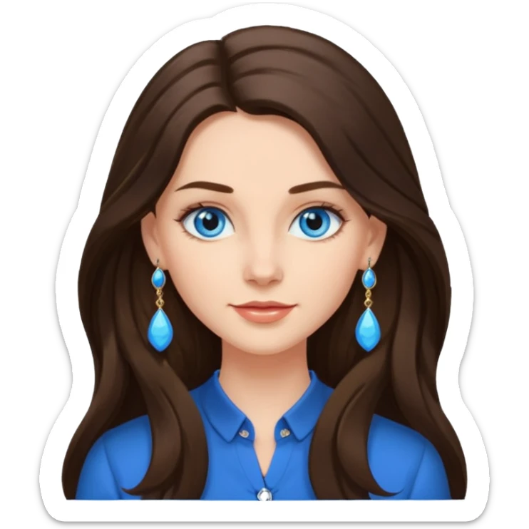 
Create an emoji of a brunette with blue eyes. She should have long hair, stylish clothing, and a friendly facial expression. Add some accessories like earrings or glasses to make the look more interesting. sticker