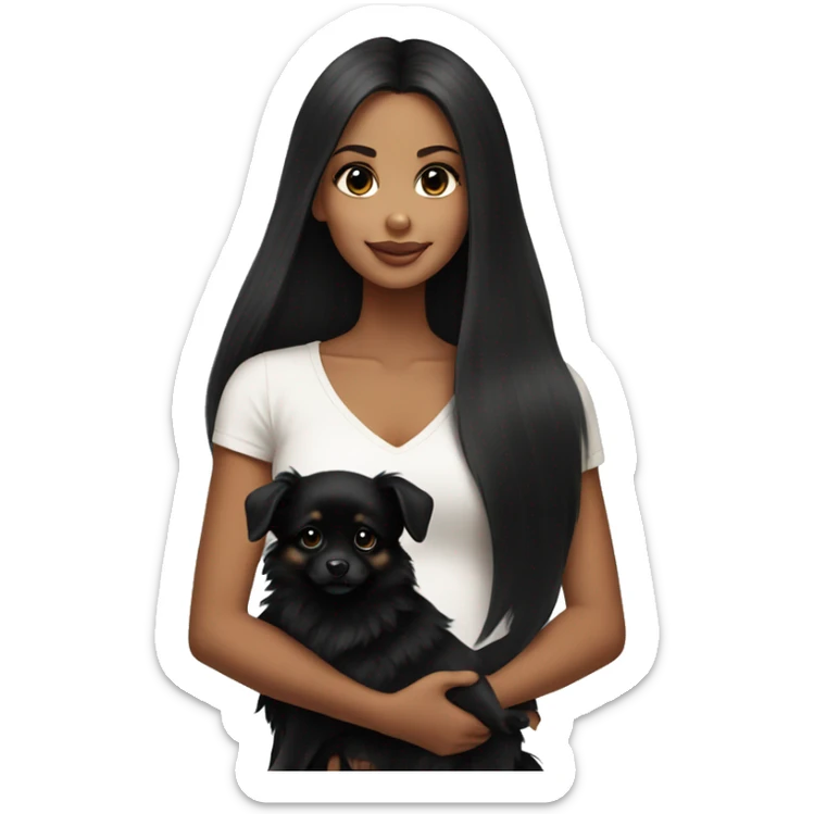 a beautiful girl with tan skin and black straight long hair holding an all black puppy pomeranian sticker