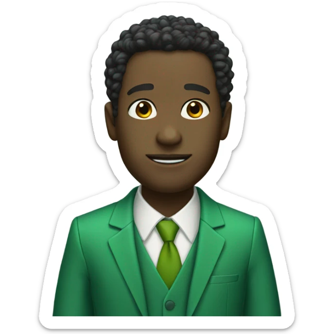 Black man wearing a green suit with hair that look like the letter v sticker