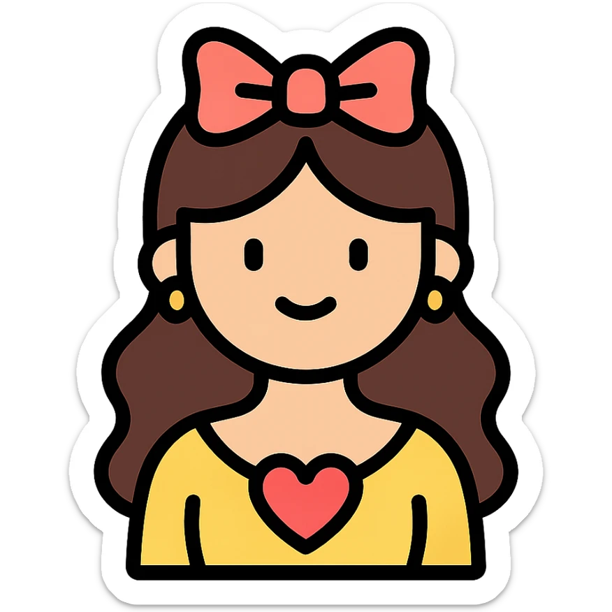 coquette, elegant, with a heart-shaped detail, gentle smile, color icon style sticker