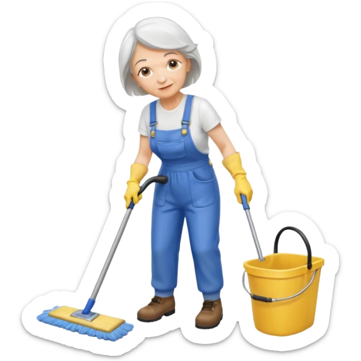 old women, Custodian with yellow rubber gloves, white T-shirt, blue overalls, mopping floor sticker