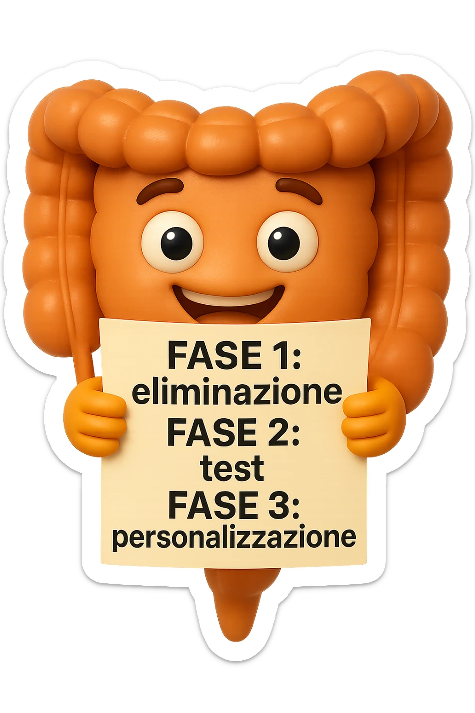 emoji stile iphone 3d di un intestino che tiene in mano un foglio con la scritta "FASE 1: eliminazione, FASE 2: test, FASE 3: personalizzazione, IPERREALISTICO 4K sticker