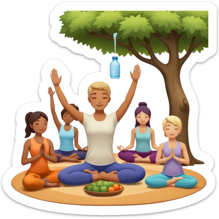 A person moves through a gentle yoga pose in the morning sun, one hand reaching up, the other near a plate of vibrant whole foods and a bottle of water. A cozy bed sits behind them, glowing softly. Nearby, a small group of friends laughs together under a tree—health, movement, nourishment, rest,  sticker