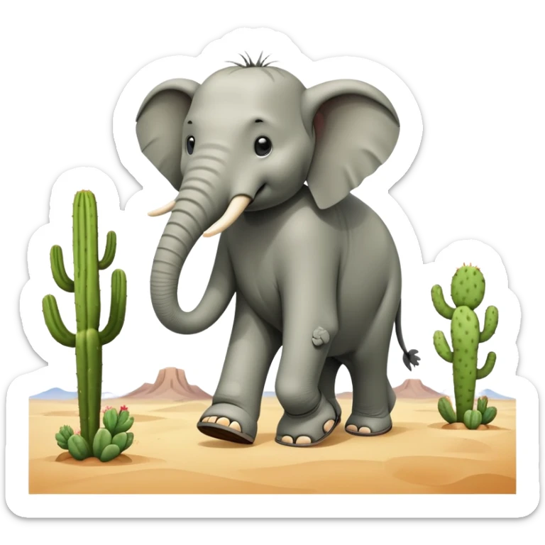 Me puedes crear un elefante con cuerpo de captus  y nas sandalias en los patas  caminando en el decierto sticker