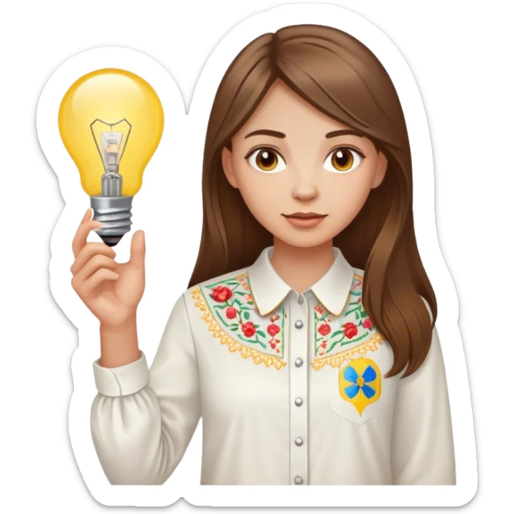 A Ukrainian girl with brown hair in an embroidered shirt holds a light bulb sticker