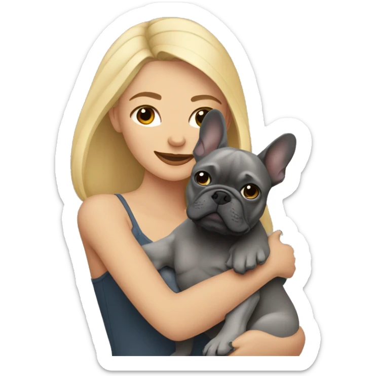 blonde woman with medium skin hugging dark gray french bulldog sticker