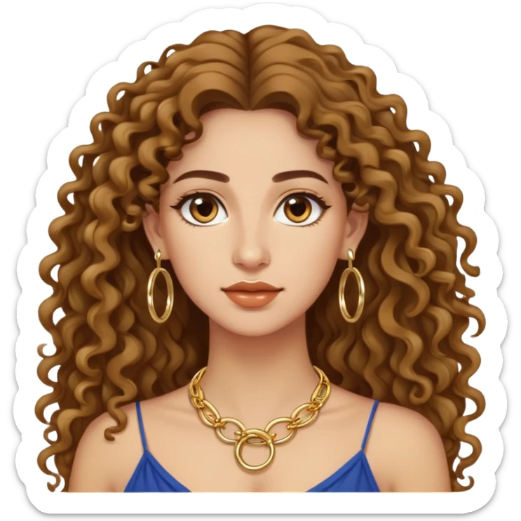 attractive Greek woman with long curly hair and light skin wearing gold hoop earrings and a gold necklace sticker