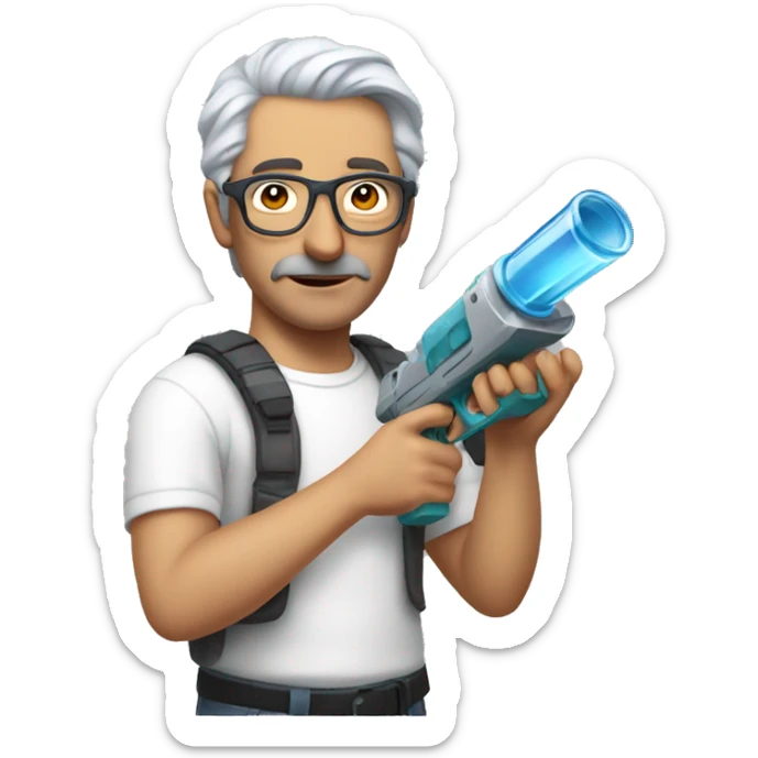 Turkish man with grey hair and protective glasses and white t-shirt aiming a small water gun with one hand while standing sideways sticker