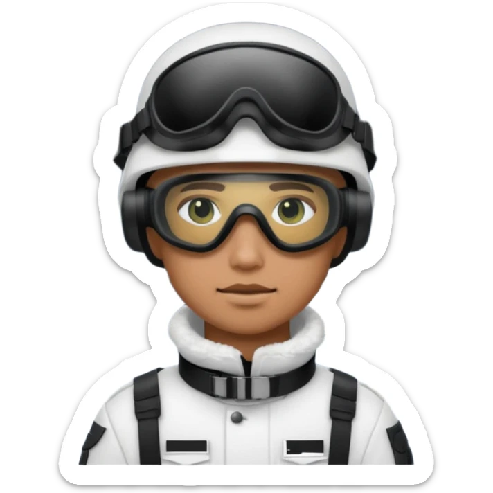 A brutal Finnish modern soldier in a white snow uniform. with black night vision goggles sticker