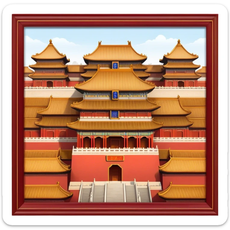 Cinematic Realistic Forbidden City Landmark Emoji, depicting grand imperial architecture with golden rooftops, vast courtyards, and intricate wooden carvings, all surrounded by towering red walls. sticker