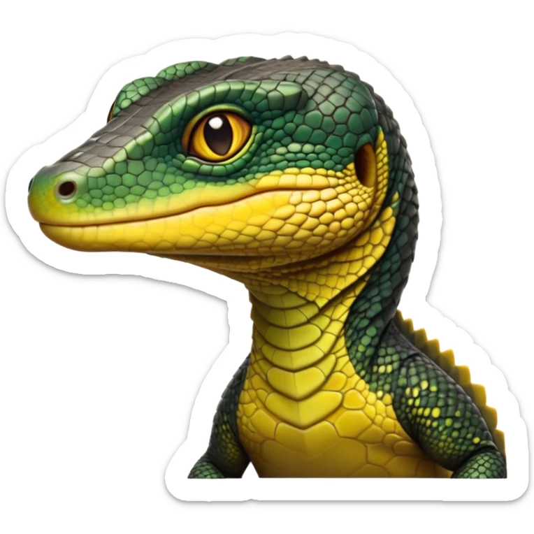 cinematic-realistic-cute-monitor-lizard-portrait-emoji,-head-tilted-playfully-and-inquisitively,-featuring-a-compact,-agile-body-with-finely-detailed,-glossy-scales-in-earthy-black and yellow-hues-and-a-distinct,-alert-face-with-bright,-curious-eyes, black , yellow spotted and green band  scales and a slender neck sticker