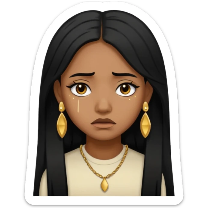 medium brown skin tone girl who has long layered black hair with gold stud earrings  who is sad  sticker