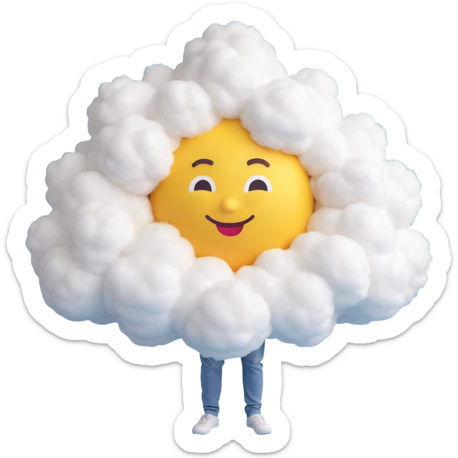 a person made entirely of voluminous fluffy clouds, up to the shoulders, 3D emoji style sticker