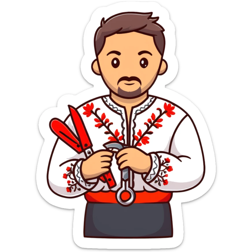 Ukrainian man in traditional embroidered vyshyvanka shirt holding red scissors in one hand and a spanner in the other hand sticker
