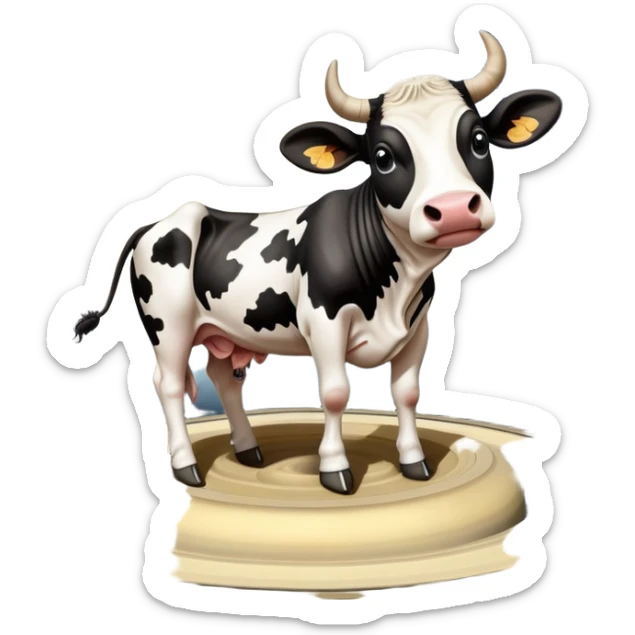 A black and white spotted cow head on top of the planet Saturn with its rings, and enormous human feet wearing shoes supporting the whole structure sticker