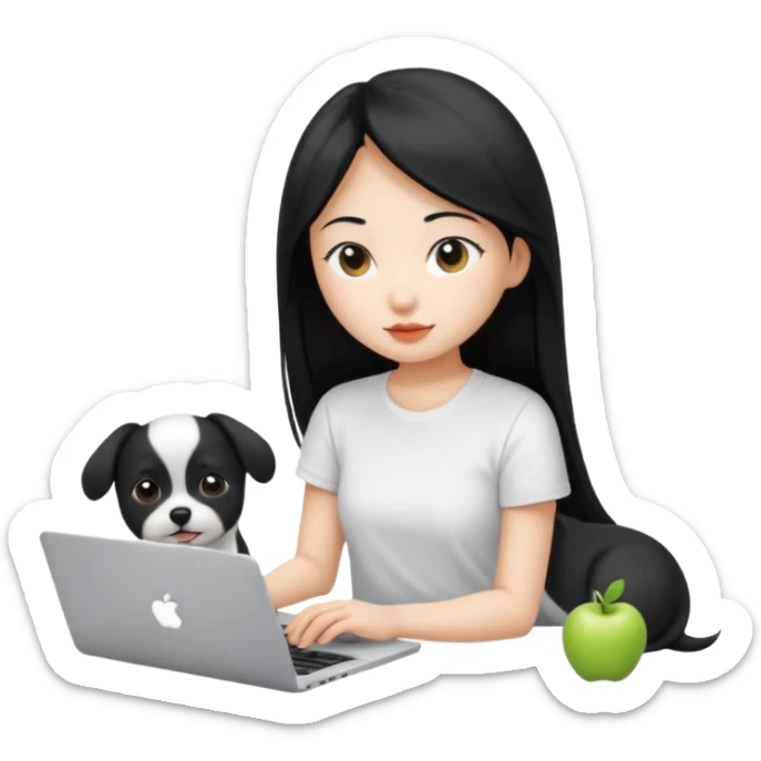 Asian girl with long black hair , wearing a white t-shirt, working on an Apple laptop, next to her is a small black and white dog sticker
