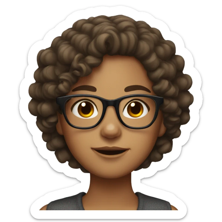 A girl with curly brown hair, brown eyes, Black glasses, freckles sticker