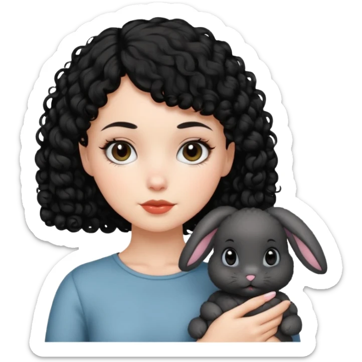 White girl with a short black curly hair and a black bunny sticker