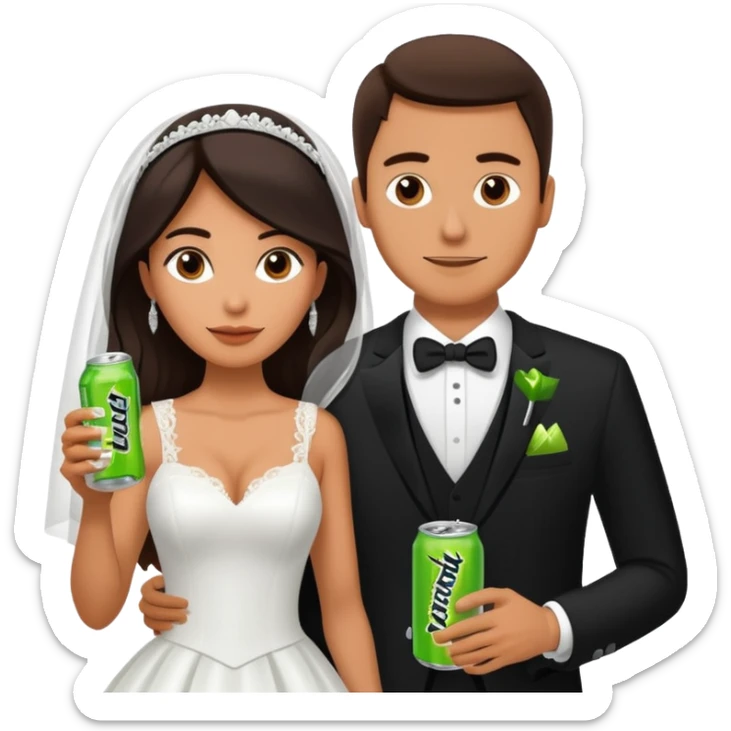 mexican wife in white wedding dress and white husband in wedding suit holding monster energy drink sticker