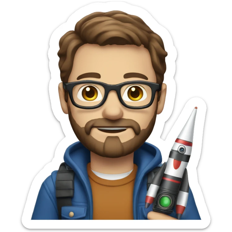 Man with glasses and brown hair and beard blue eyes, holding a camera, and a toy rocket sticker