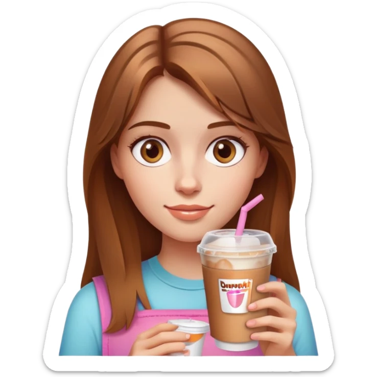 Fair skin light brown hair hazel eyes girl holding a dunkin iced coffee cup sticker