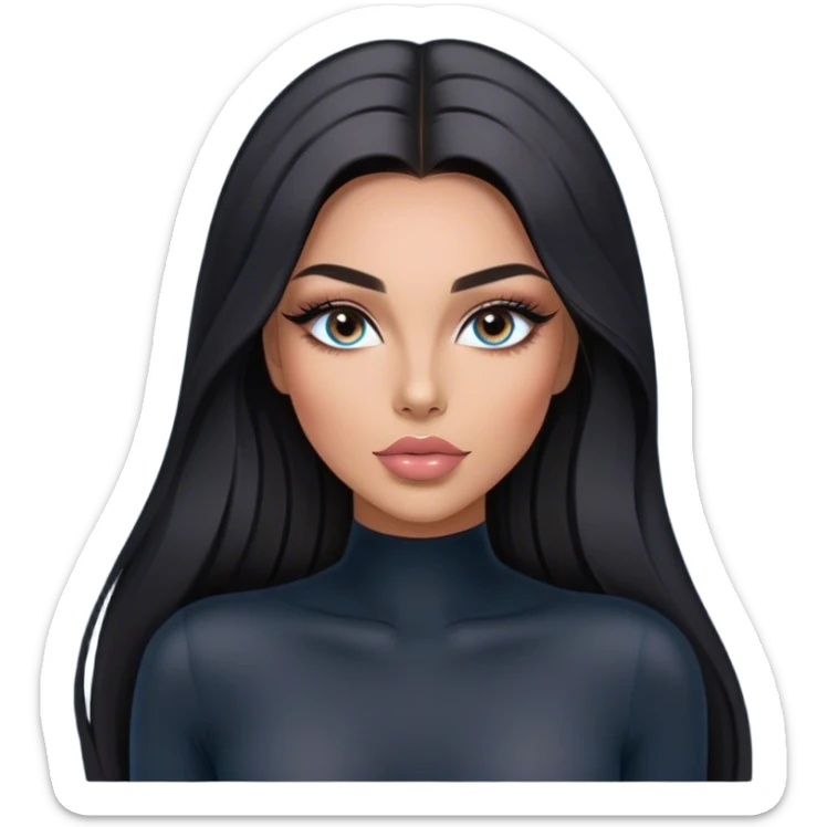 Glamours, tanned, very beautiful girl, with big pump peach-beige-rose lips, long long lashes, black straight smooth silky long hair, straight parting hair, blue-grey eyes in black long-sleeves bodysuit sticker